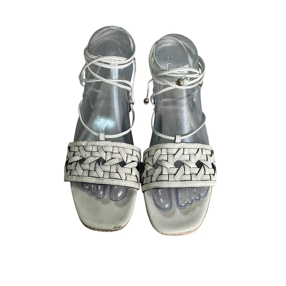 Tory Burch Cream Leather Woven Lace Up Gladiator Sandals Espadrille Trim Flat